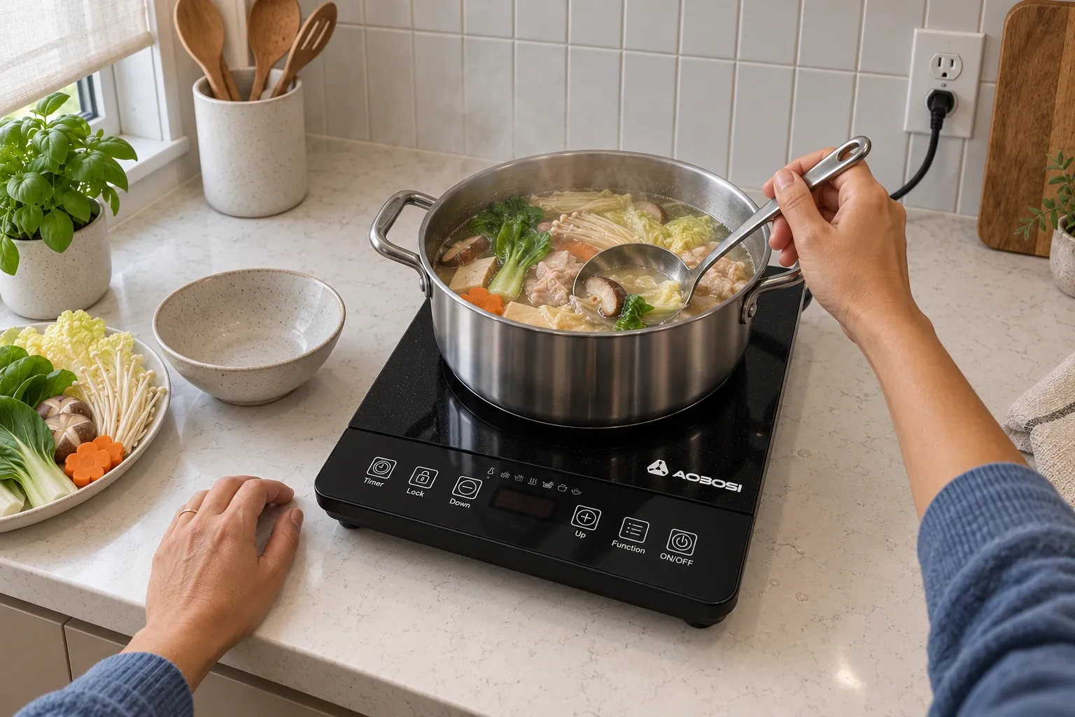 A hot pot simmering on an AAOBOSI 1800W portable induction burner in the kitchen.
