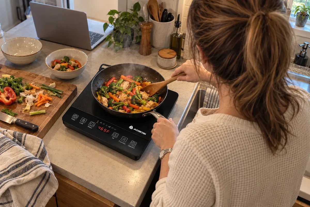 A stir-fry for two on an AAOBOSI 1800W slim burner in a studio kitchenette