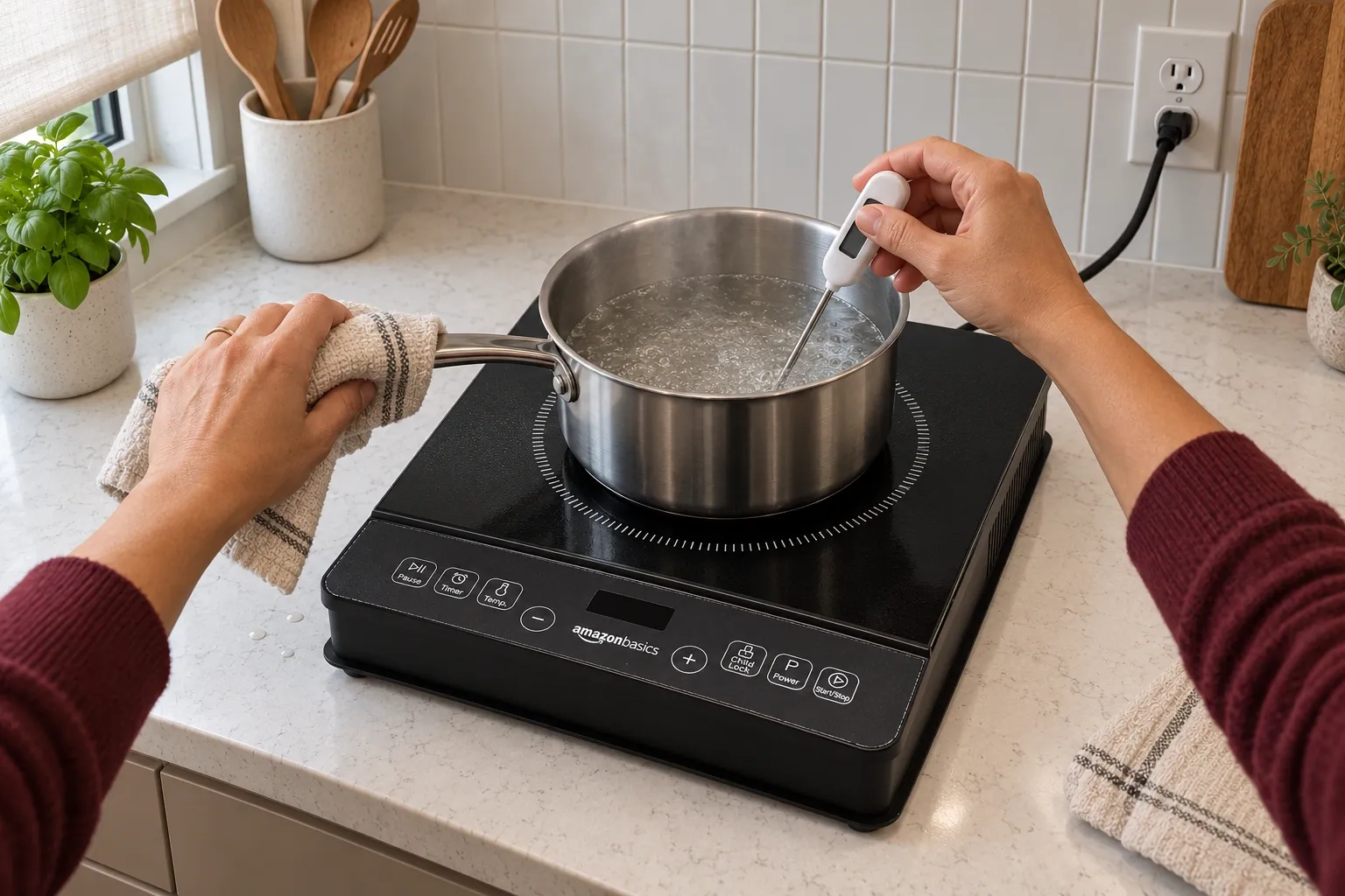 A saucepan with a probe thermometer on an Amazon Basics portable induction burner.