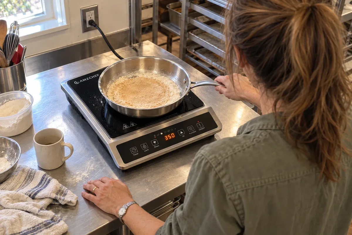 An evenly browned flour test in a pan on an AMZCHEF Commercial 8-inch coil burner.