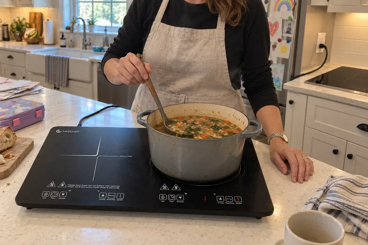 Ladling soup from a heavy pot on an AMZCHEF Double 1800W (ETL certified)