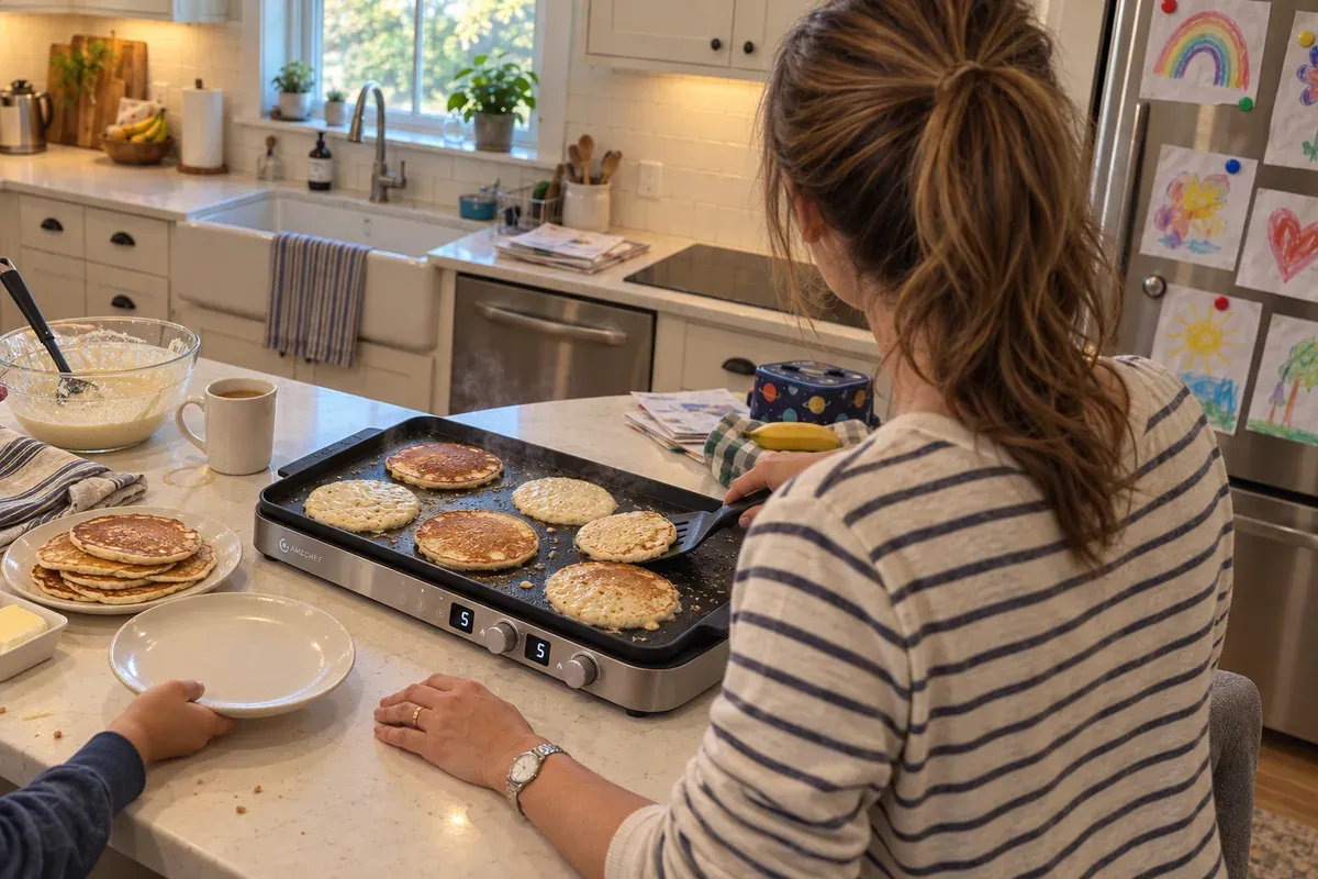 Saturday pancakes for six on the griddle of an AMZCHEF Double with Griddle Pan