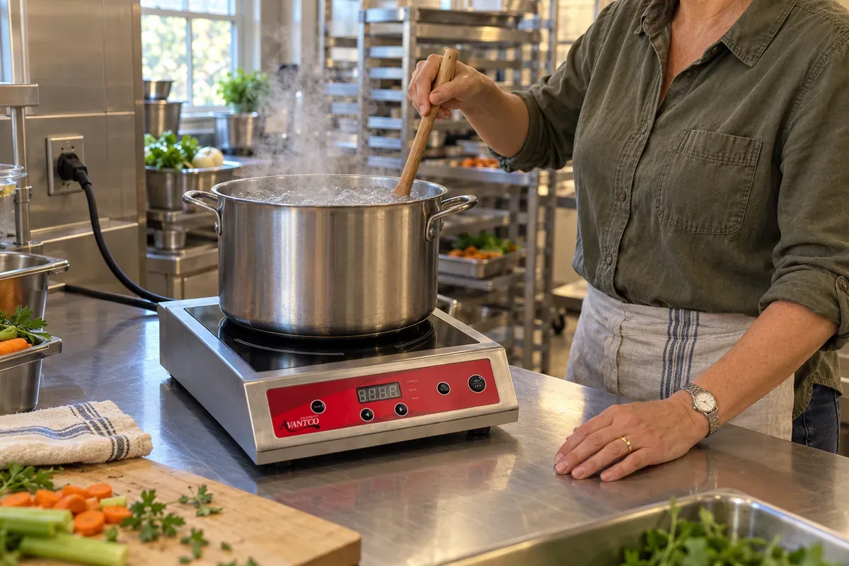 A big stockpot boiling on an Avantco IC3500 plugged into a 240-volt outlet