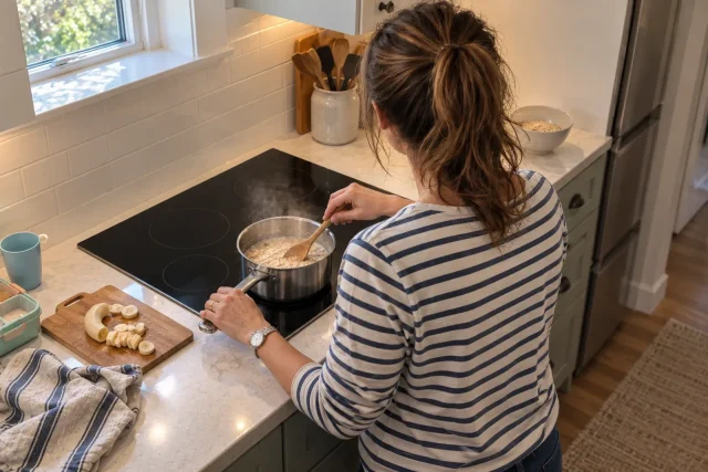 A compact 24-inch induction cooktop in a condo kitchen with oatmeal simmering.