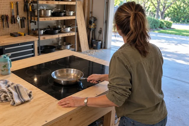 Sliding a skillet onto a 30-inch induction cooktop set into a plywood test counter.