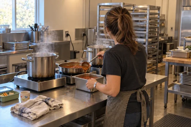 Three commercial induction burners with steaming stockpots on a stainless catering prep table.