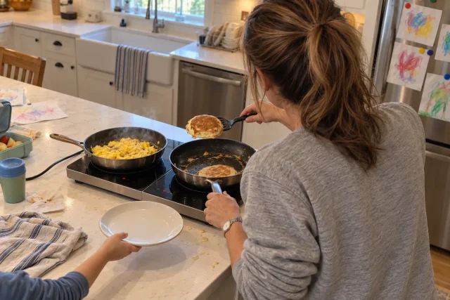 Pancakes and eggs cooking side by side on a double induction burner.