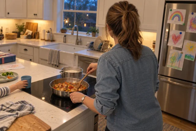 Stirring chicken and peppers on a built-in induction cooktop while a child reaches in.