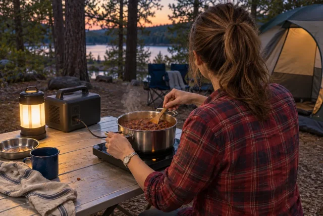 A portable induction burner cooking chili on a camp table at dusk.
