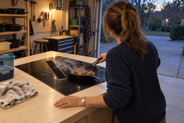 Steam and smoke from a searing steak pulled into an induction cooktop's center vent.