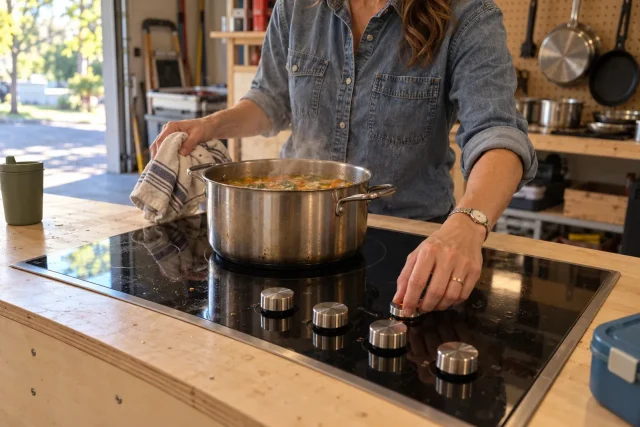 A hand turning a stainless knob on an induction cooktop while soup simmers.