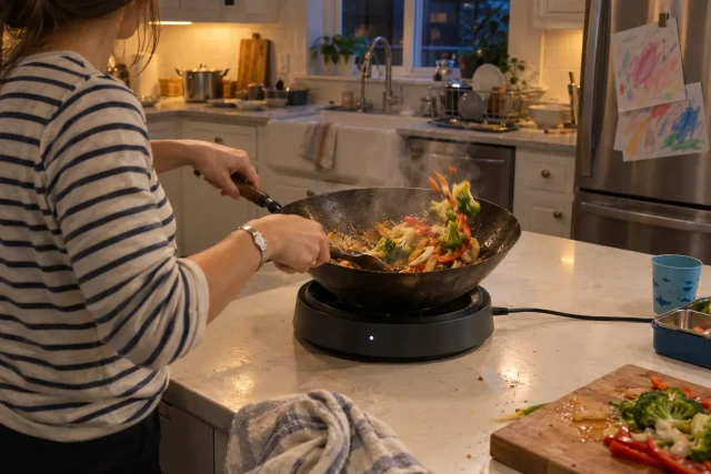 Stir-frying vegetables in a carbon-steel wok on a concave induction wok burner
