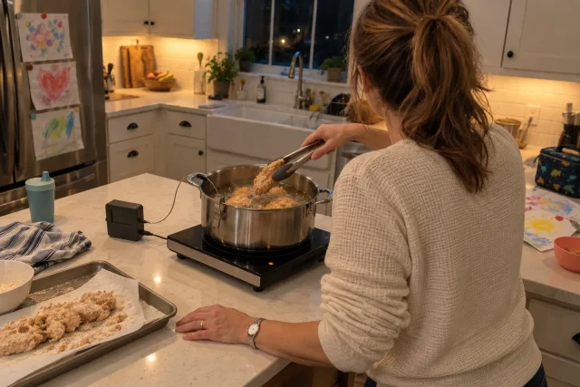 Lowering chicken into oil on a portable induction burner with a thermocouple clipped on.
