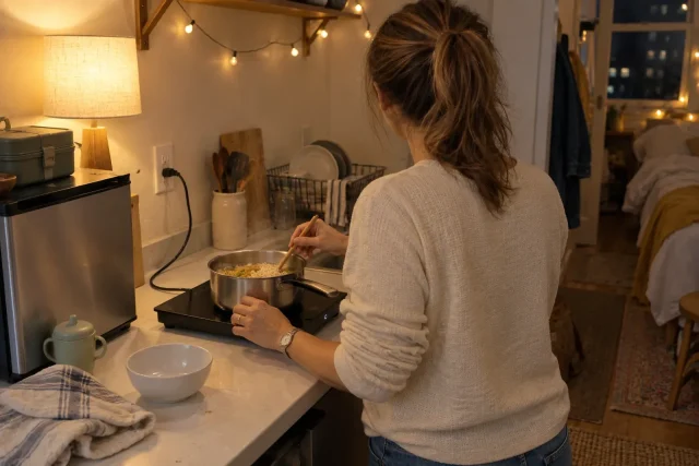 A slim single induction burner cooking ramen on a tiny studio counter.