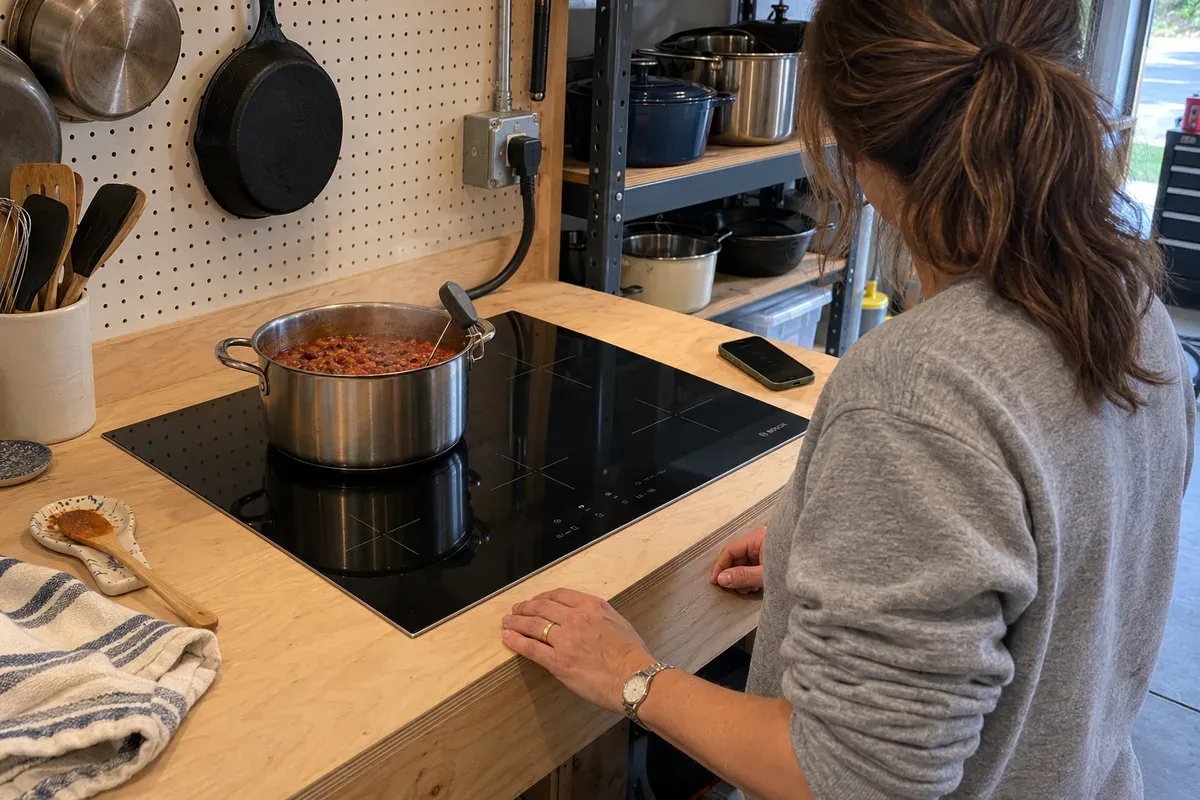 Chili simmering with a probe thermometer clipped to the pot on a Bosch NIT8061UC.