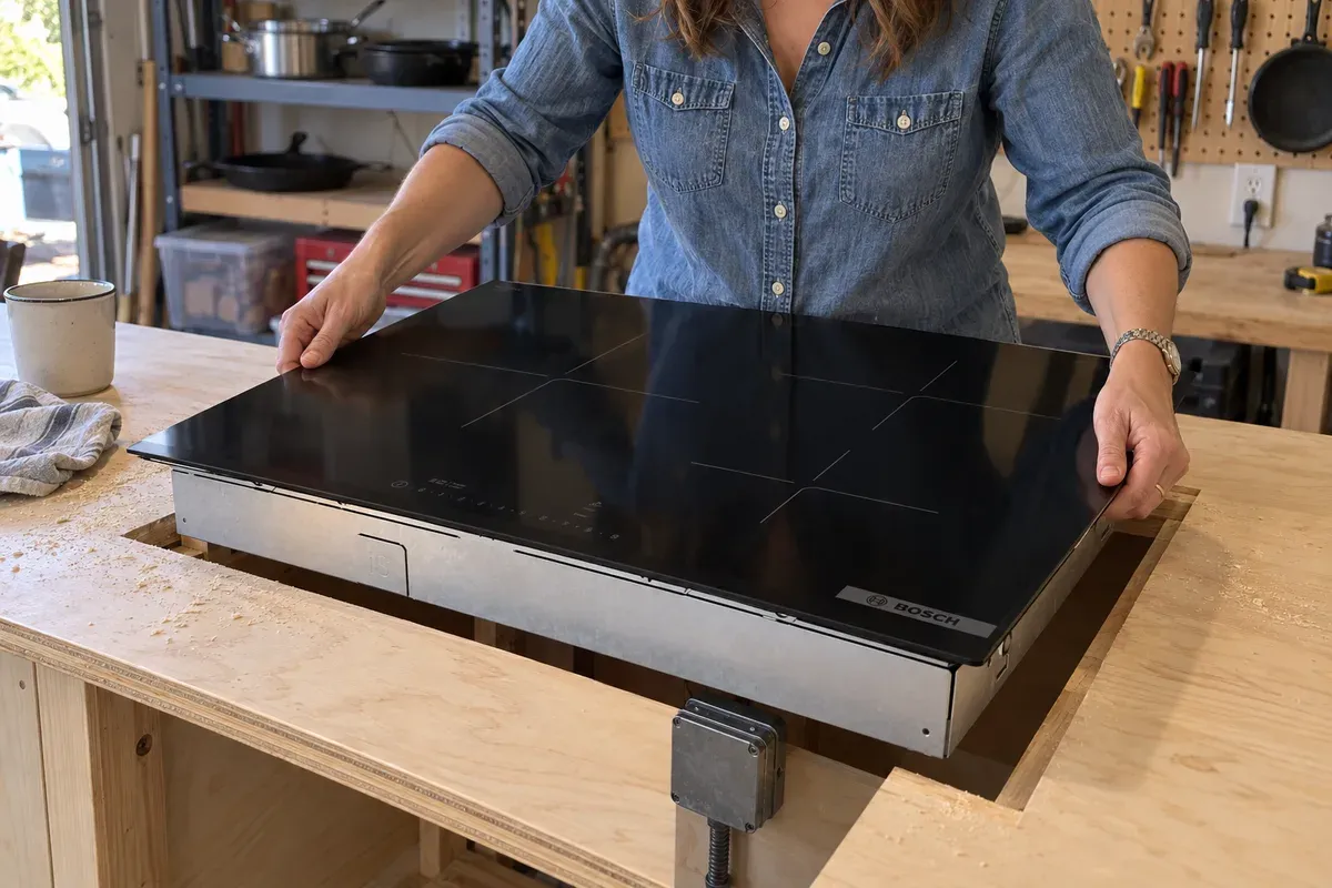 Lowering a Bosch 800 Series NIT8461UC into a countertop cutout above a junction box