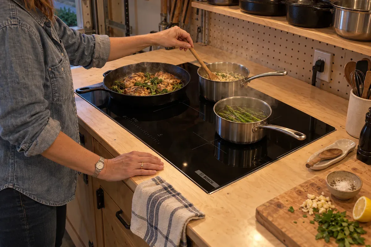 A skillet, a saucepan and a small pot cooking together on a Bosch NIT8461UC.
