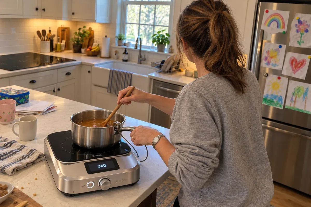 Stirring an even amber caramel set to 340°F on a Breville Control Freak Home