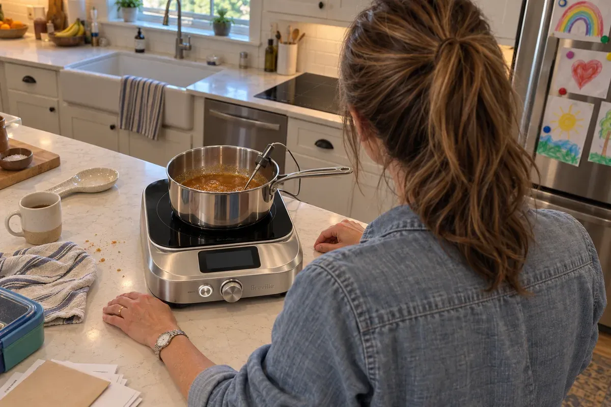 Caramel turning amber in a saucepan on a Breville Control Freak Home