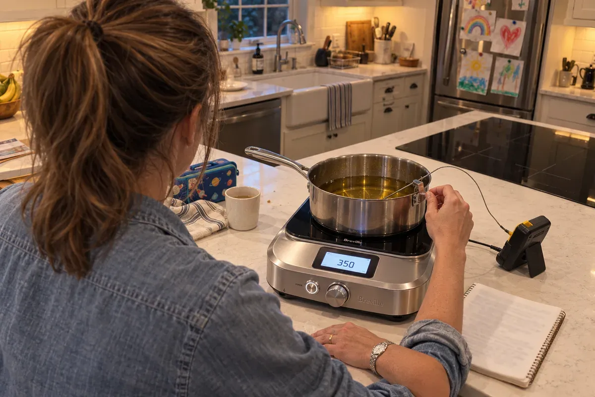 Oil temperature test with a probe thermometer on a Breville Control Freak Home