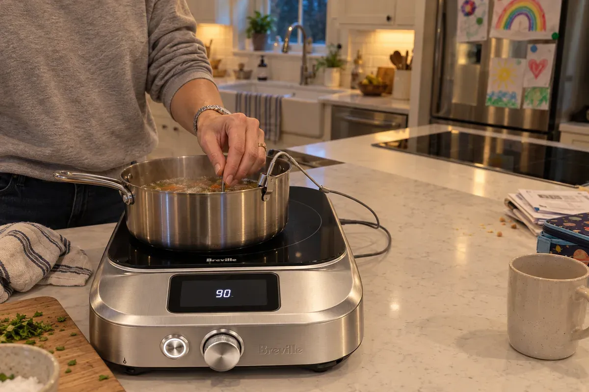 Close-up of the temperature probe and display of a Breville Control Freak Home