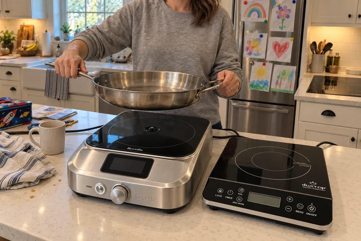 Comparing the size of a Breville Control Freak Home with an everyday portable burner