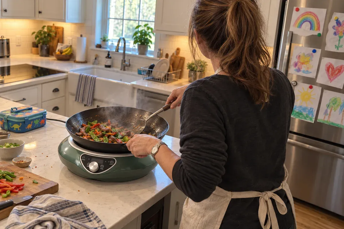Beef stir-fry in a round-bottomed wok on a 1700W Concave Induction Wok Cooktop