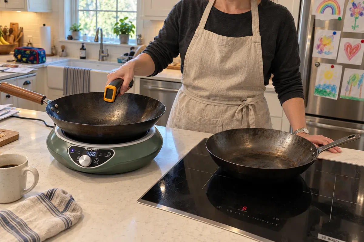 Comparing wok side heat on a 1700W Concave Induction Wok Cooktop and a flat burner