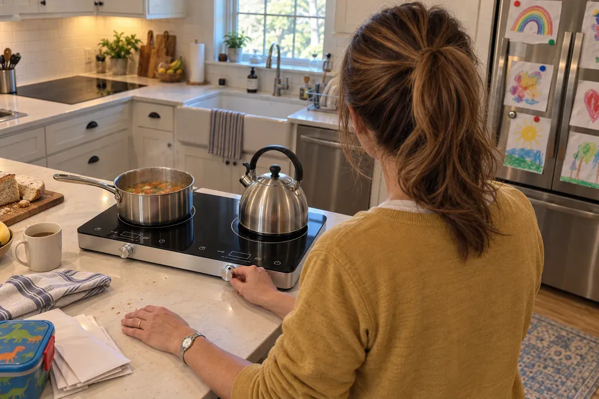 Turning a dial with soup and a kettle on a Cooktron Double with Knob Control