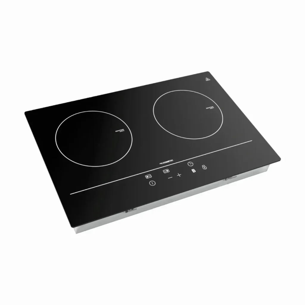 Product photo of the Dometic 2-Burner Drop-In Induction Cooktop, shown on its own without cookware.