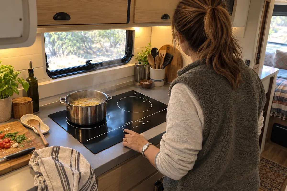 One-pot pasta cooking on a Dometic 2-Burner Drop-In Induction Cooktop in an RV