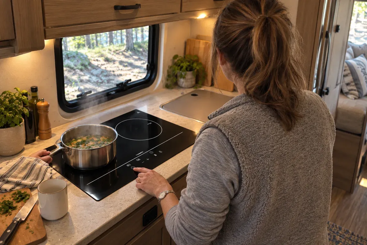 Turning a knob under a saucepan on a Dometic 2-burner drop-in cooktop in an RV.