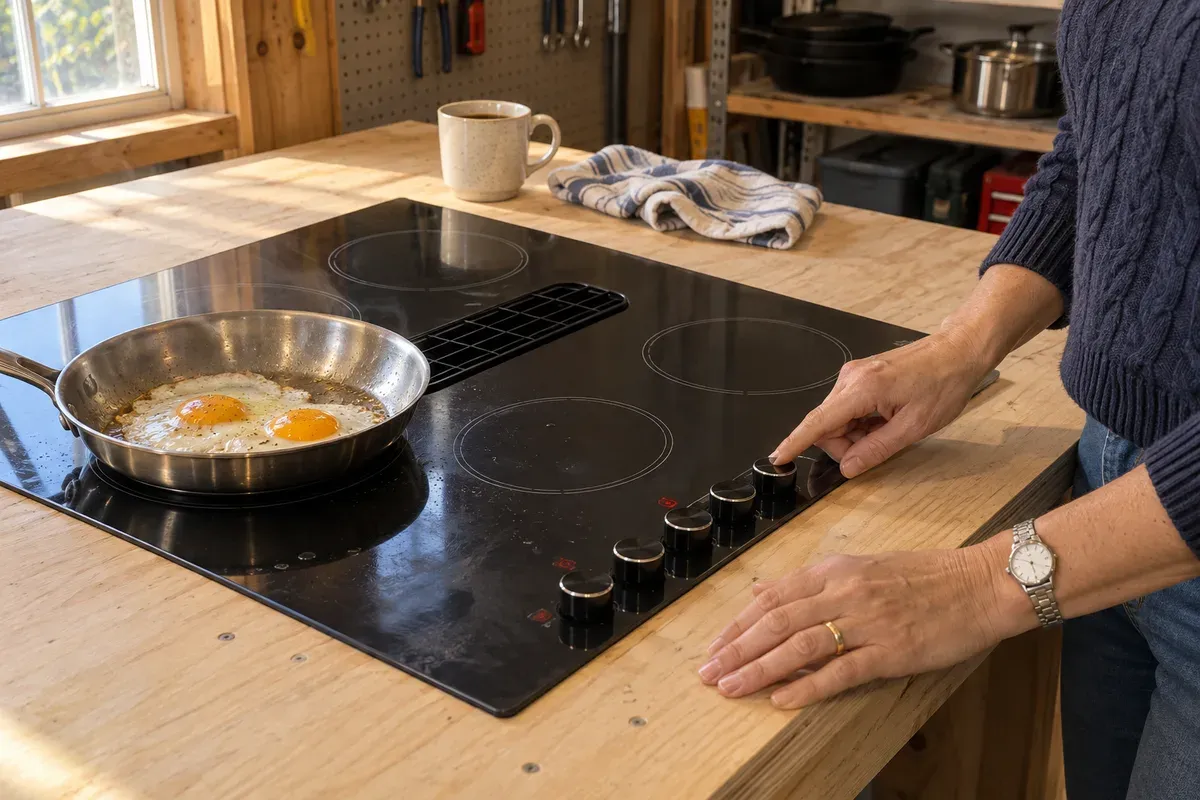 Pressing the fan key on a 3-speed 30-inch induction cooktop with downdraft