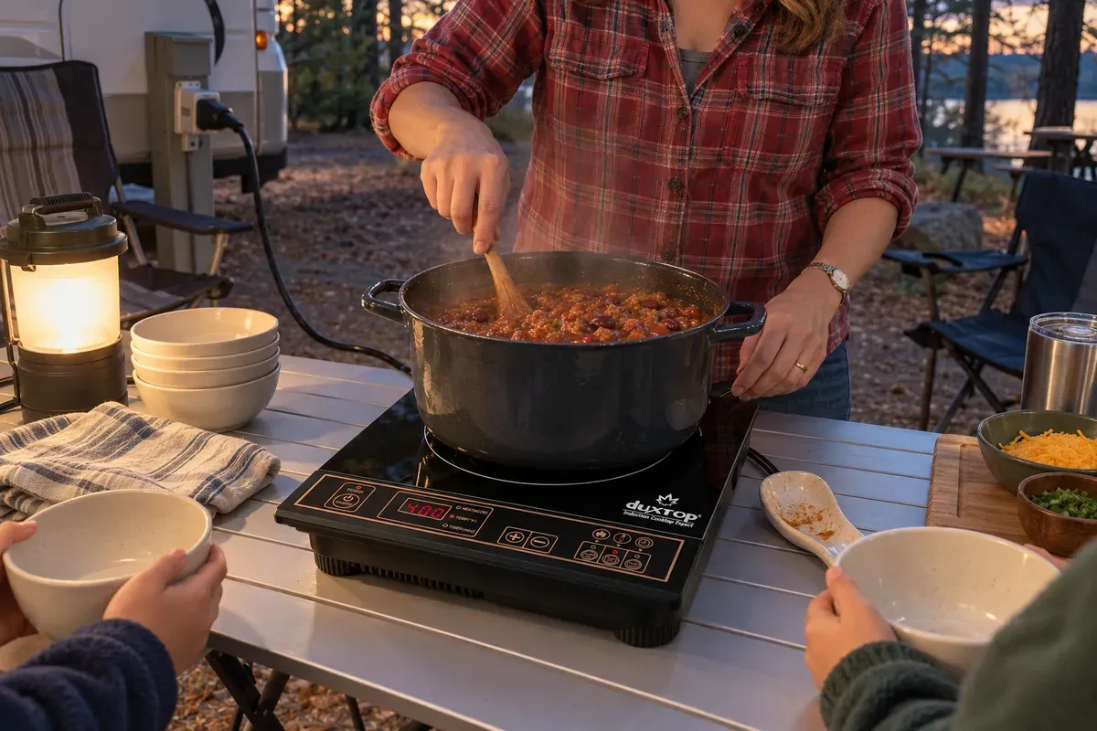Chili for six on a Duxtop 8100MC on a folding camp table at dusk