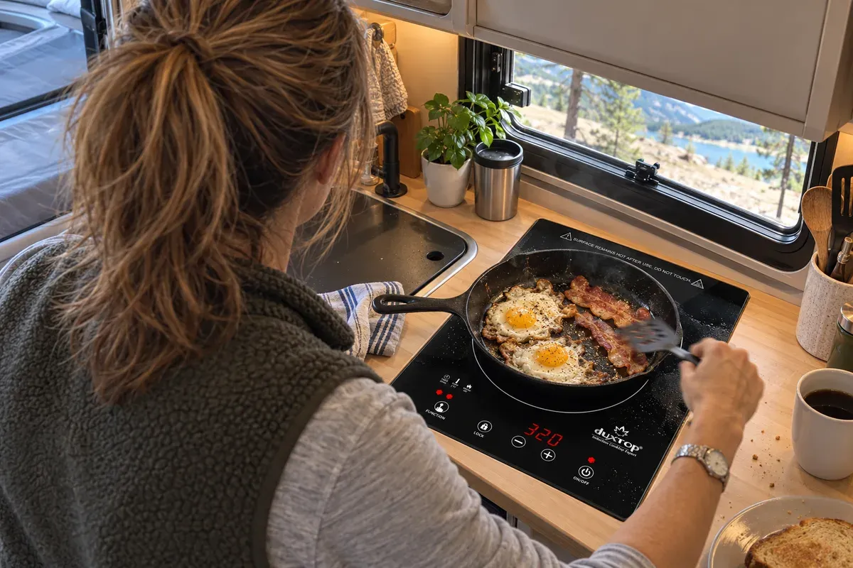 Bacon and eggs cooking on a Duxtop 8600BI dropped into a camper van counter