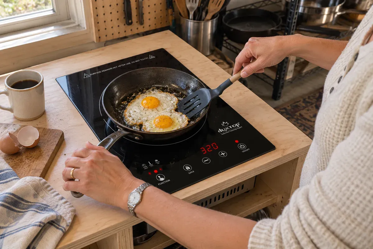 Eggs for two on a Duxtop 8600BI set flush into a counter cutout