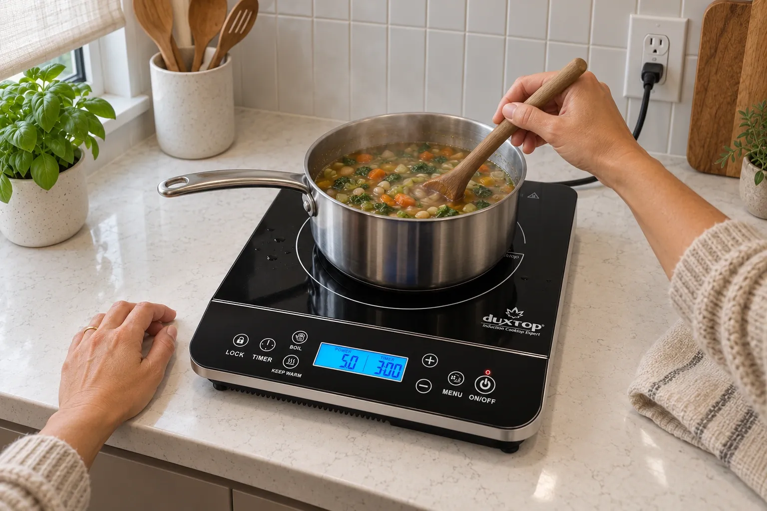 Soup simmering in a saucepan on a Duxtop 9600LS portable induction burner in the kitchen.