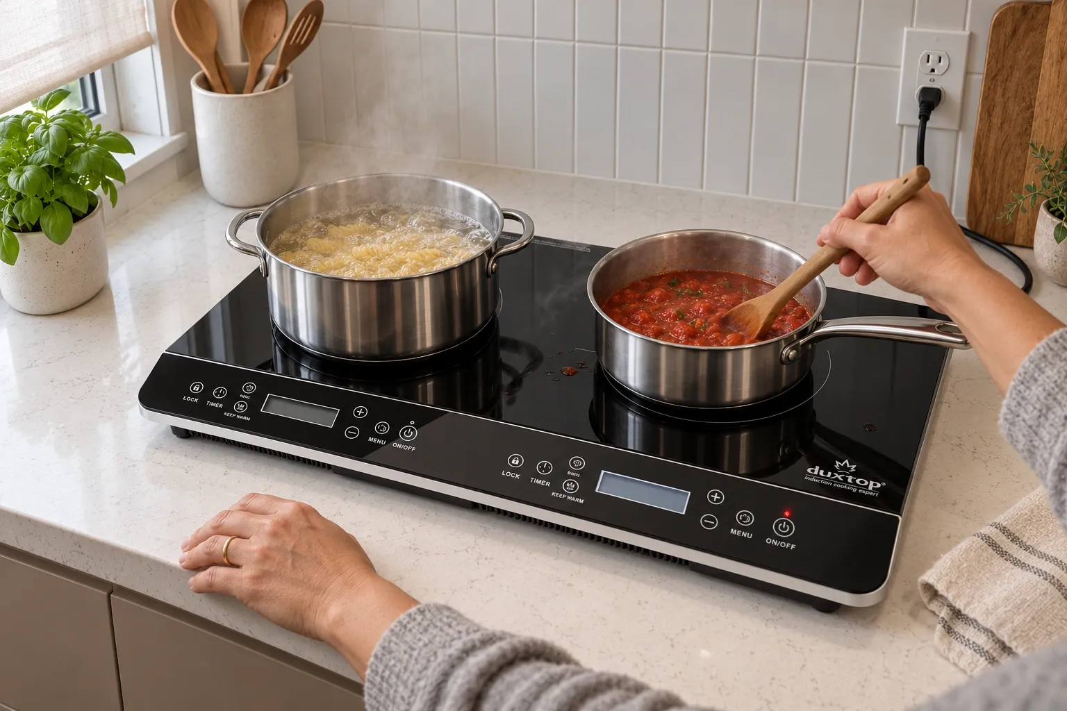 Pasta on the left zone and sauce on the right zone of a Duxtop 9620LS.