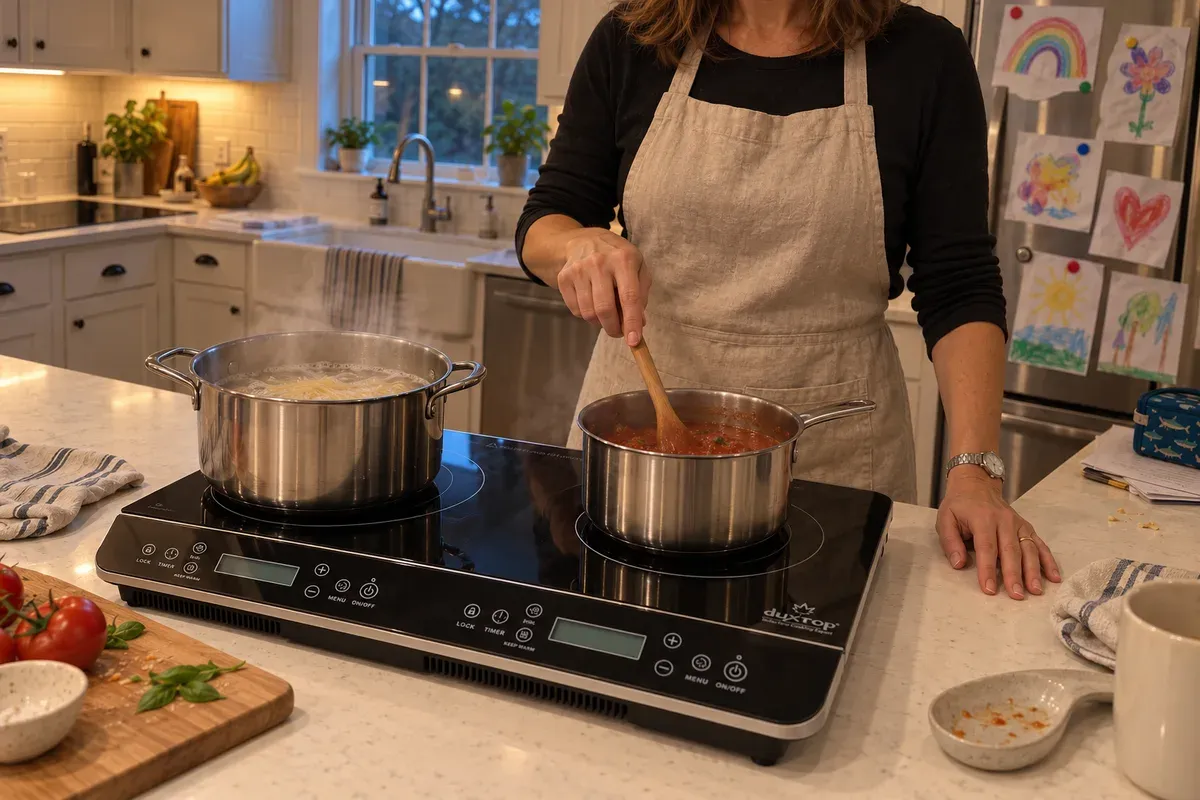 Pasta boiling and sauce simmering side by side on a Duxtop 9620LS