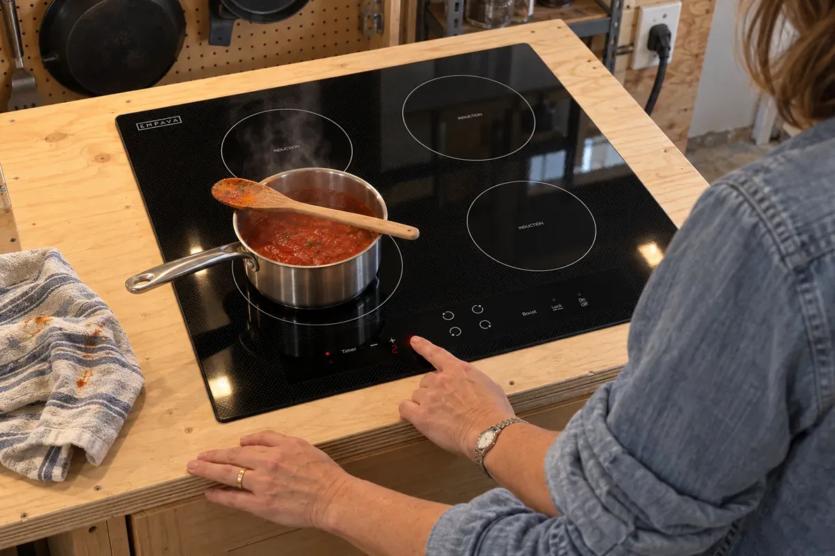 Setting a sauce to level 2 on an Empava Ease 24-inch 4-Burner