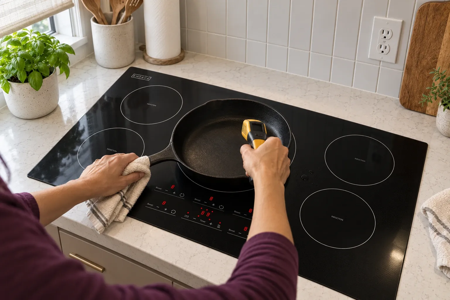 Checking an empty skillet with an infrared thermometer on an Empava Ease 36-inch cooktop.