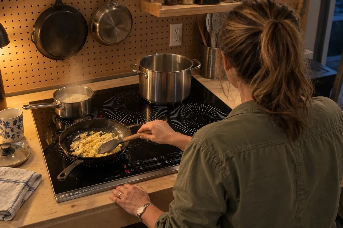Weeknight eggs and rice cooking on a Frigidaire Gallery GCCI3067AB