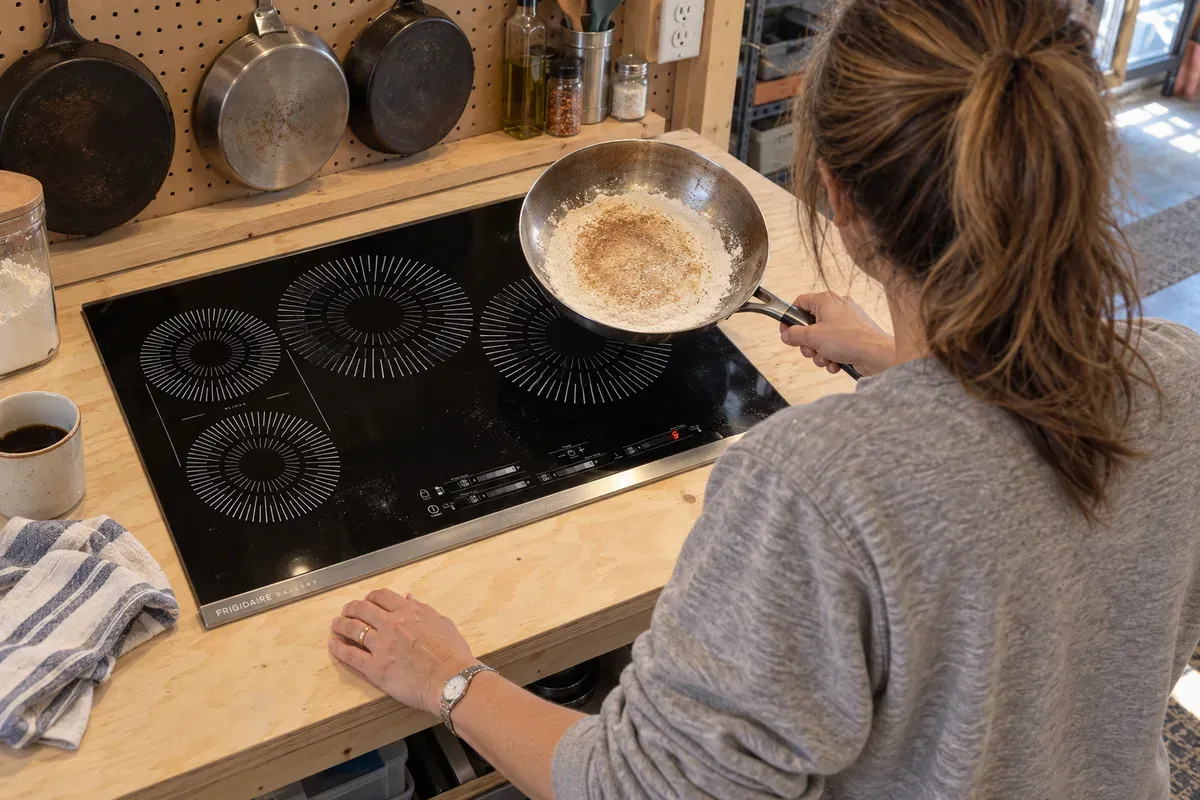 A browned center ring in a skillet after a flour test on a Frigidaire GCCI3067AB.