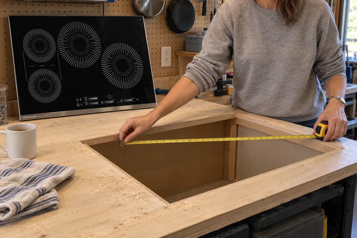 Measuring a countertop cutout with the Frigidaire Gallery GCCI3067AB leaning nearby
