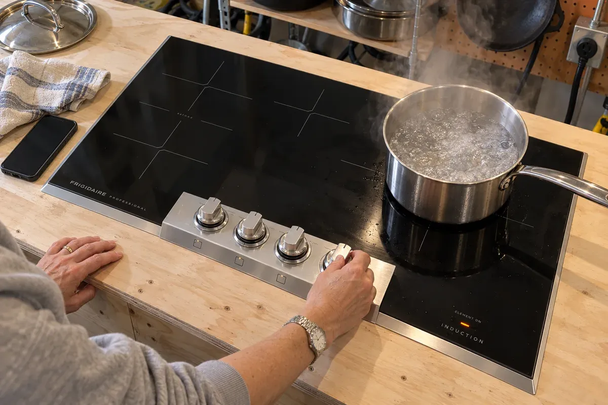 Turning a knob for a boost boil test on a Frigidaire Professional PCCI3080AF