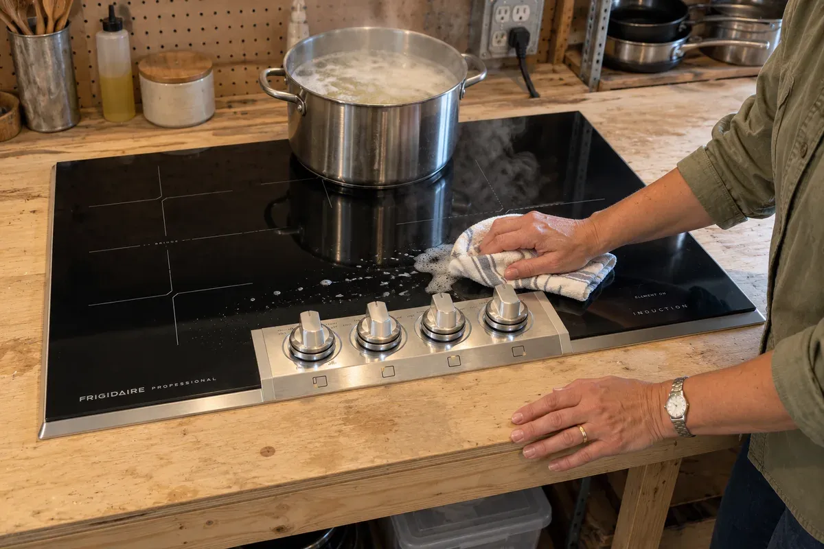 Wiping boiled-over pasta water from around the knobs of a Frigidaire Professional PCCI3080AF