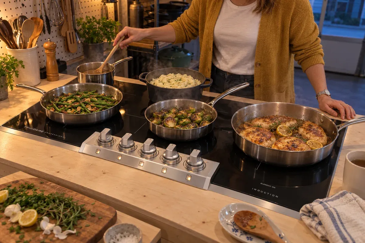 Five pans of holiday dinner cooking on a 36-inch Frigidaire Professional PCCI3680AF