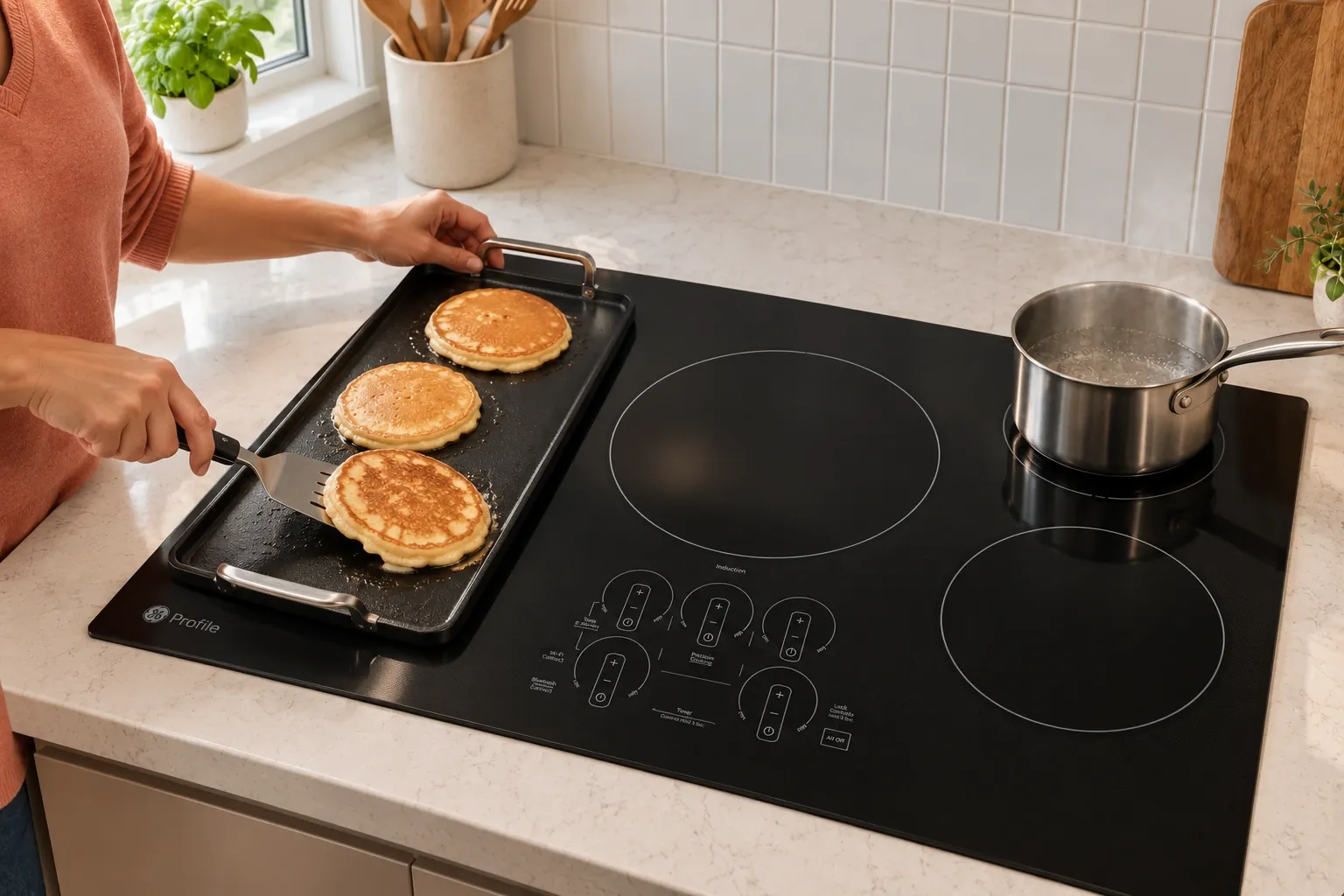 Flipping pancakes on a griddle beside a steaming saucepan on a GE Profile PHP9036DTBB.