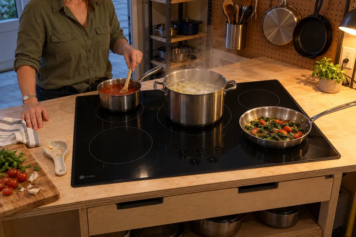 A pasta pot, sauce and skillet cooking at once on a GE Profile PHP9036DTBB.