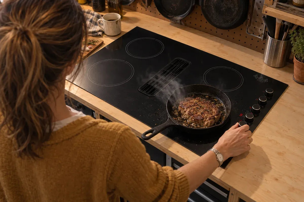 Smoke from a skillet pulled into the vent of the GTKZW 30-inch downdraft cooktop